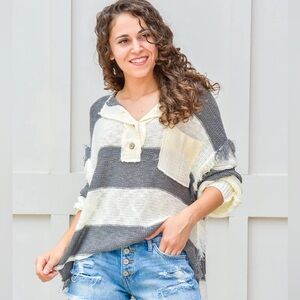 Bad Little Country Girl Stripped Henley Slouchy Knit Pullover Sweater Size Large